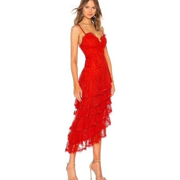 Majorelle Oracle Red Lace Dress Tiered Ruffle Midi Size XXS - Picture 2 of 10